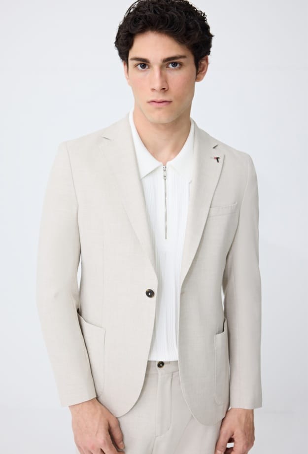 Tween Slim Fit Bej Armürlü Kumaş Ceket - 8684478885424 | Damat Tween